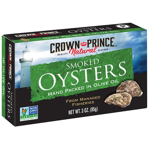 Non-GMO Smoked Oysters in Pure Olive Oil -- 3 oz Crown Prince