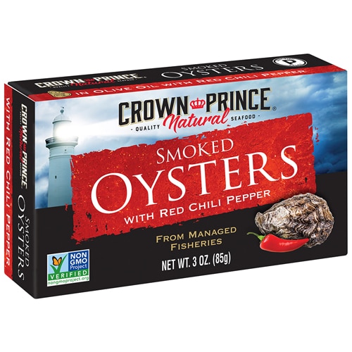 Non-GMO Smoked Oysters with Red Chili Peppers Mildly Spiced -- 3 oz Crown Prince