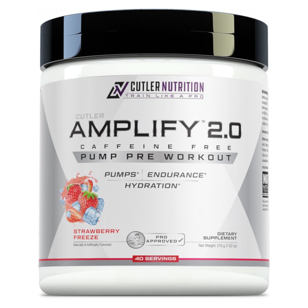 Amplify 2.0 — Насос без стимулятора перед тренировкой — 40 порций замороженной клубники — 7,62 унции Cutler Nutrition