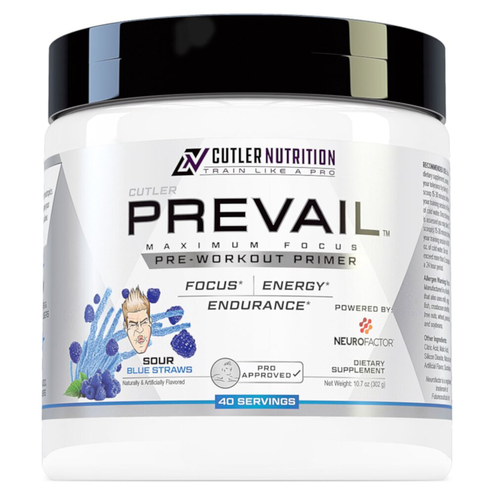 Prevail Pre Workout Primer Energy & Focus Blend - 40 Servings (Порции) Sour Blue Straws -- 10.7 oz (Унции) Cutler Nutrition