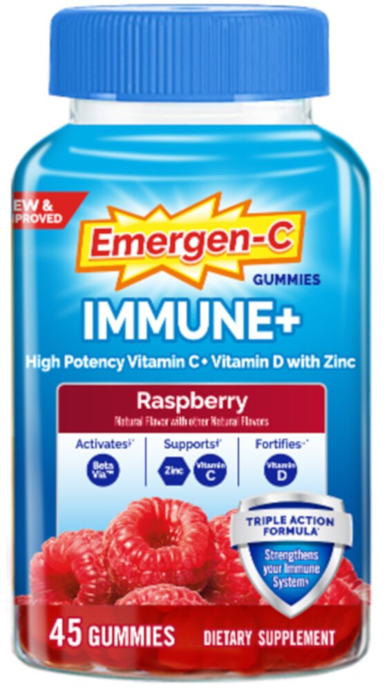 Immune+ жевательные конфеты тройного действия для поддержки иммунитета с малиной — 45 жевательных конфет Emergen-C