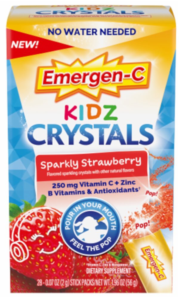 Kidz Crystals для поддержки иммунитета на ходу, блестящая клубника, 28 палочек в упаковках Emergen-C