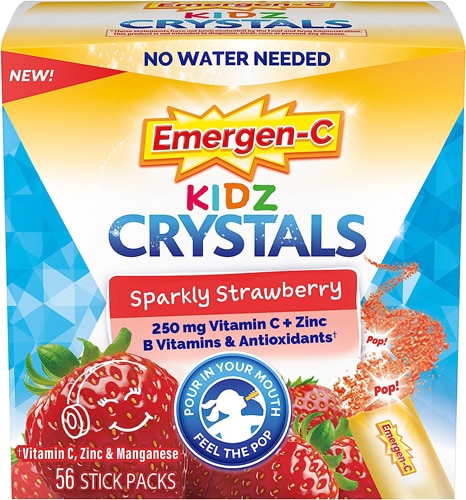 Kidz Crystals для поддержки иммунитета на ходу, блестящая клубника, 56 палочек в упаковках Emergen-C