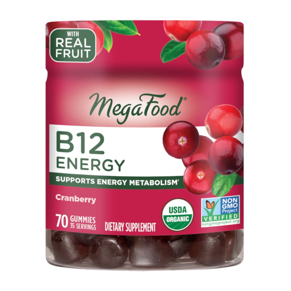 Энергетические жевательные конфеты с витамином B12, клюква, 70 жевательных конфет MegaFood