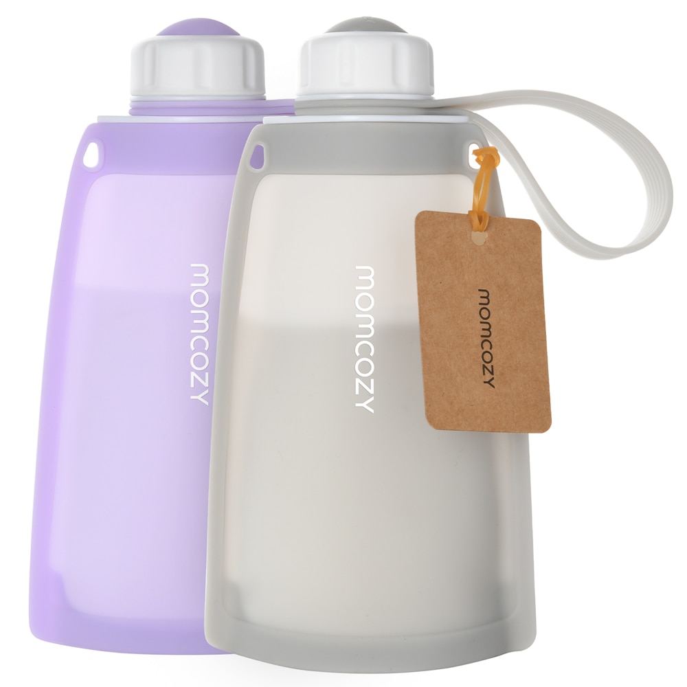 Силиконовые многоразовые пакеты для хранения молока, светло-фиолетовый + серый — 2 пакета Momcozy