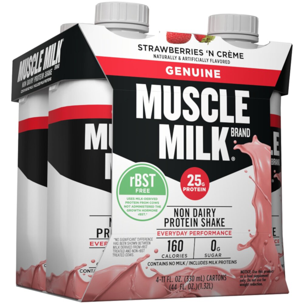 Настоящий немолочный протеиновый коктейль — сертифицирован NSF для спорта с клубникой и кремом — по 11 жидких унций каждый / упаковка из 4 шт. Muscle Milk