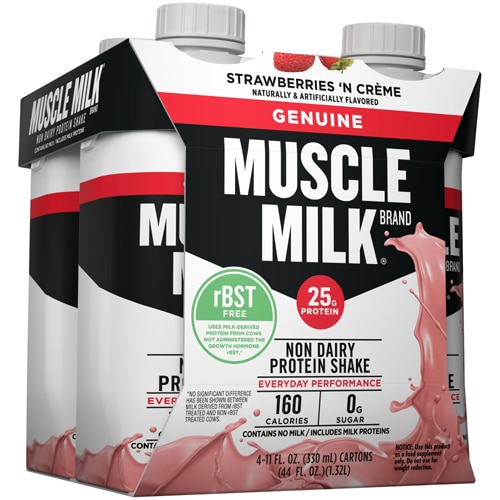 Настоящий немолочный протеиновый коктейль — сертифицирован NSF для спорта с клубникой и кремом — по 11 жидких унций каждый / упаковка из 4 шт. Muscle Milk