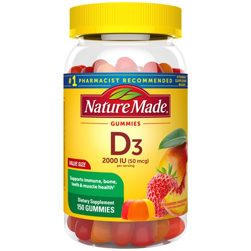 Жевательные конфеты с витамином D3, клубника, персик, манго, 150 жевательных конфет Nature Made