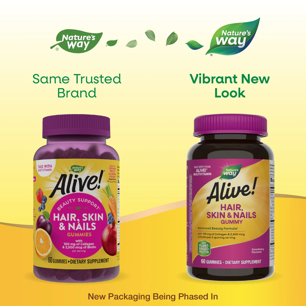 Alive! Hair Skin & Nails Gummies (Жевательные конфеты) - Biotin Collagen Vitamins C & E -- 60 Gummies Nature's Way