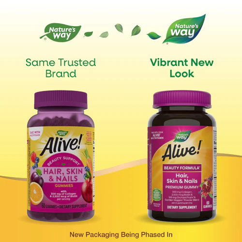 Alive! Hair Skin & Nails Premium Gummies (Жевательные конфеты) - Biotin Collagen Vitamins C E Strawberry -- 60 Gummies Nature's Way