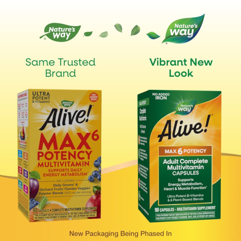 Alive! Max6 Potency Multivitamin - Vitamins B12 A D E - No Added Iron -- 90 Capsules (Капсулы) Nature's Way