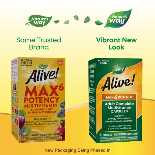 Мультивитамины Alive! Max6 Potency с витаминами B12, C, D, E без железа, 90 капсул Nature's Way