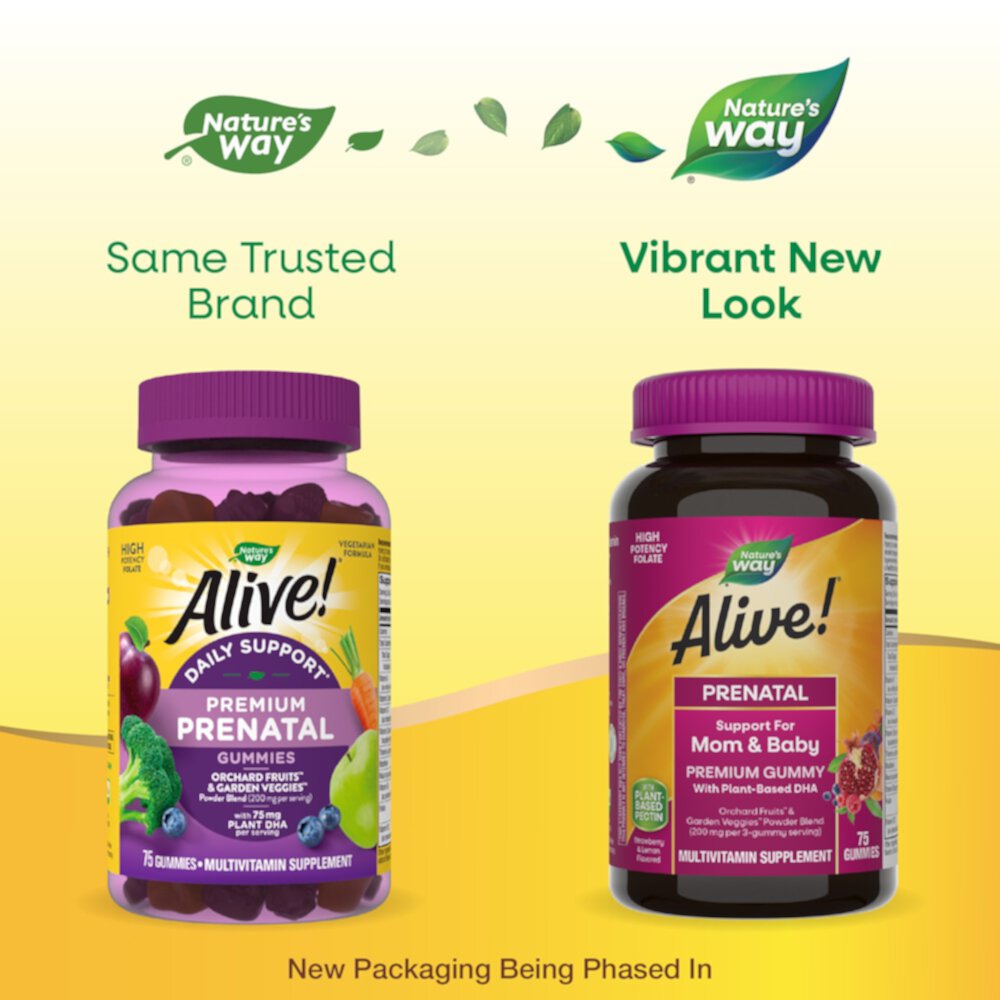 Alive! Prenatal Premium Gummy Multivitamin - Plant-Based DHA - Vegetarian -- 75 Gummies (Жевательные конфеты) Nature's Way