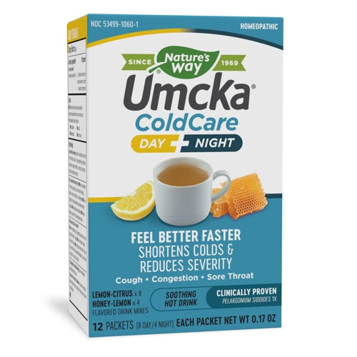 Umcka ColdCare Успокаивающий горячий напиток «День + Ночь» — со вкусом лимона и меда — 12 пакетов Nature's Way