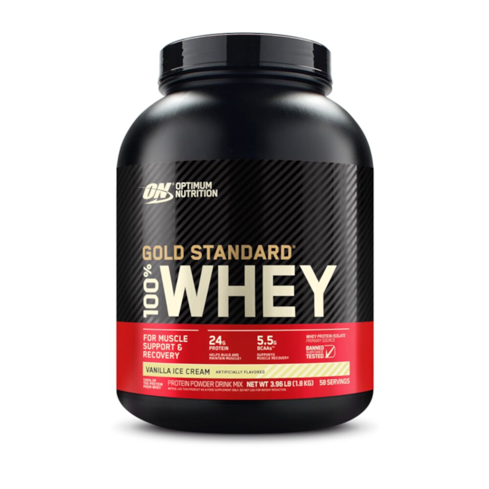 100% порошок сывороточного протеина Gold Standard для поддержки и восстановления мышц, ванильное мороженое, 58 порций Optimum Nutrition