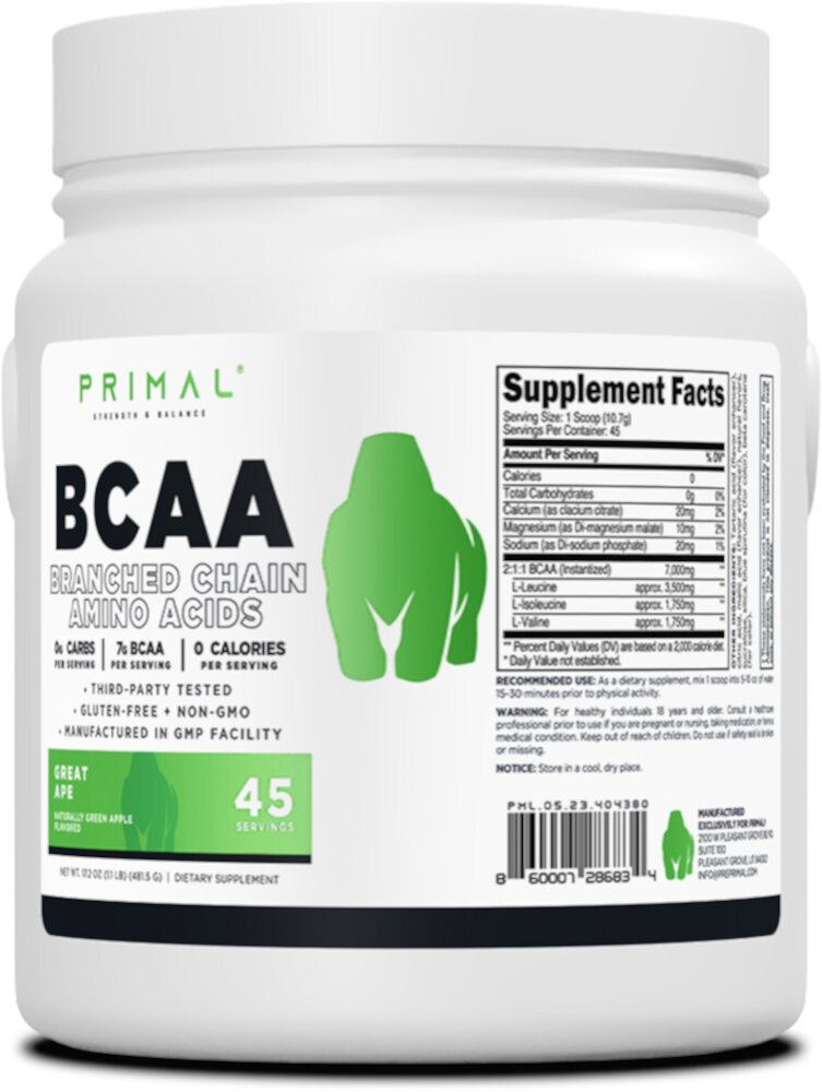 Восстановительные BCAA + гидратация, зеленое яблоко человекообразных обезьян, 45 порций Primal