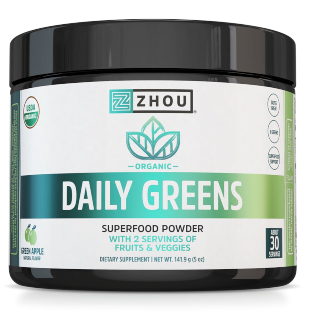 Organic Daily Greens Superfood Powder Зеленое яблоко — 16 унций Zhou