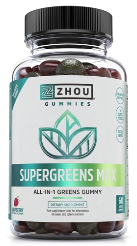 Supergreens Max Gummies с малиной — 60 веганских жевательных конфет Zhou