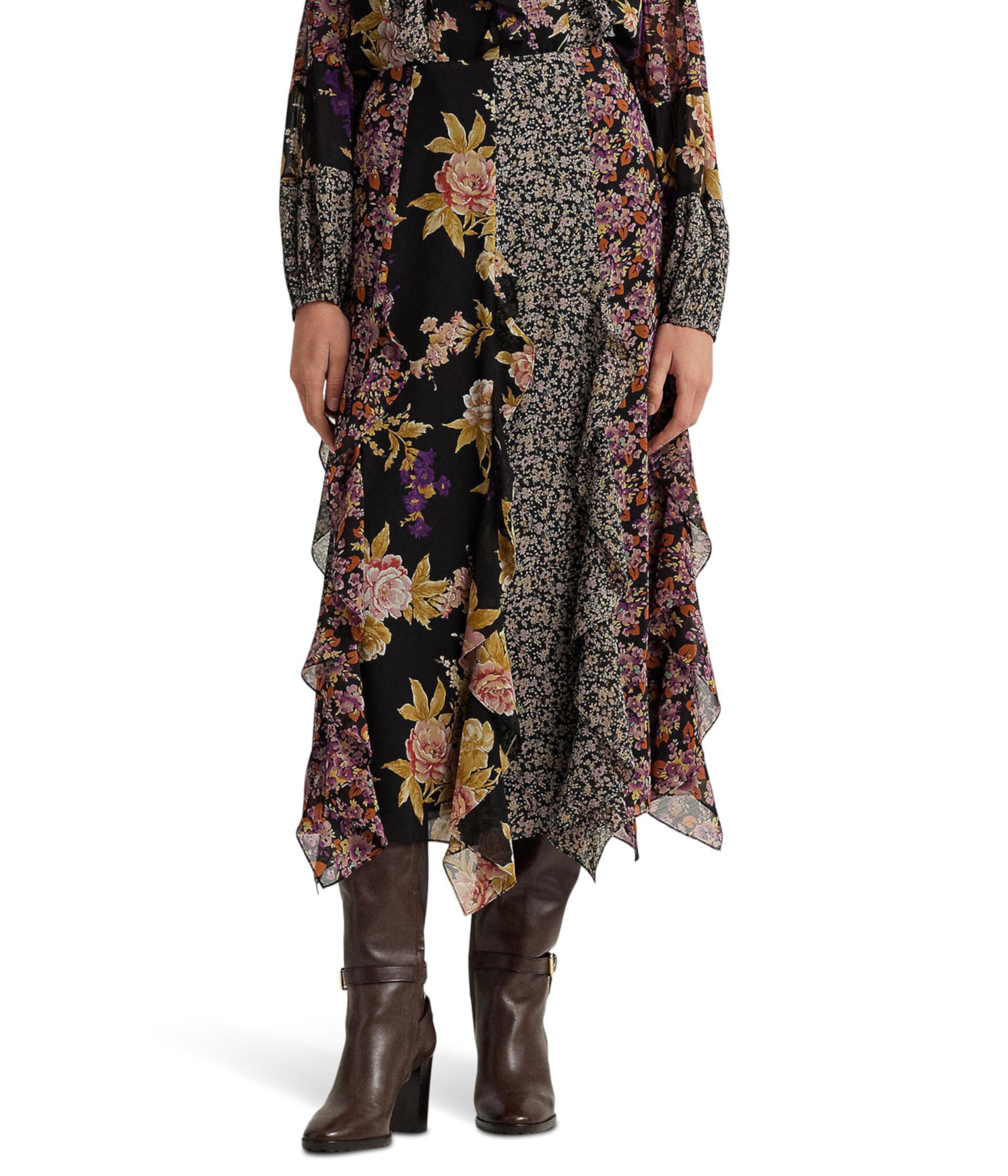 Миниатюрная юбка из жоржета с цветочной отделкой и рюшами LAUREN Ralph Lauren