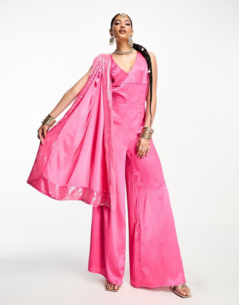 Kanya London wide leg jumpsuit and dupatta scarf in magenta Kanya London