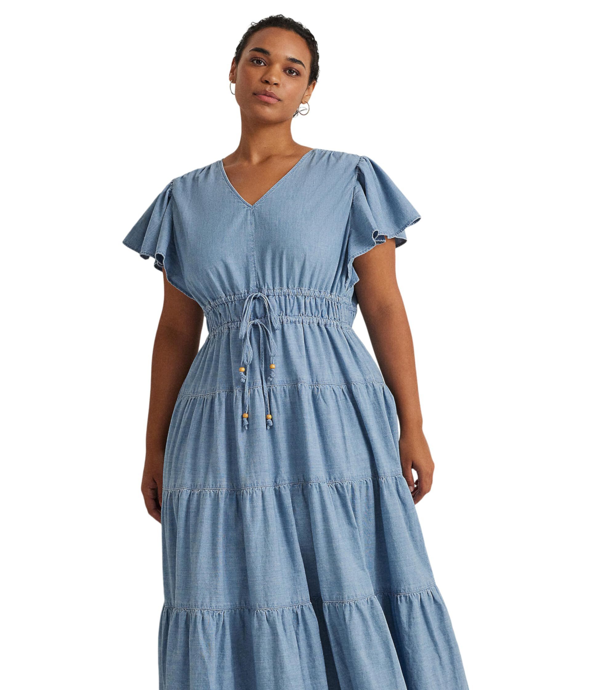 Многоярусное платье макси из шамбре больших размеров LAUREN Ralph Lauren