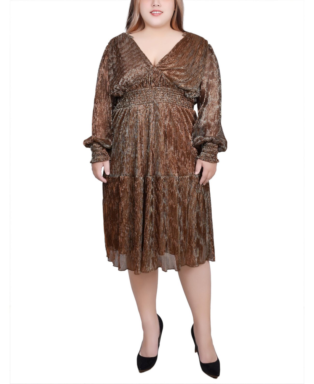 Плиссированное сетчатое платье больших размеров с длинными рукавами NY Collection