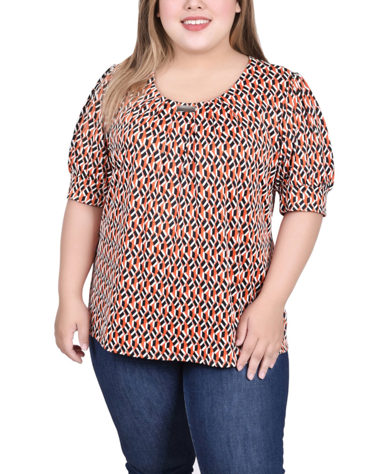 Женская Блузка NY Collection Plus Size Short Sleeve Balloon Sleeve Top with Hardware NY Collection