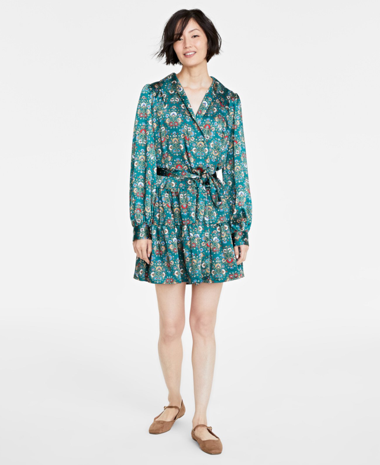 Женское атласное платье с запахом и воротником с цветочным принтом, созданное для Macy's On 34th