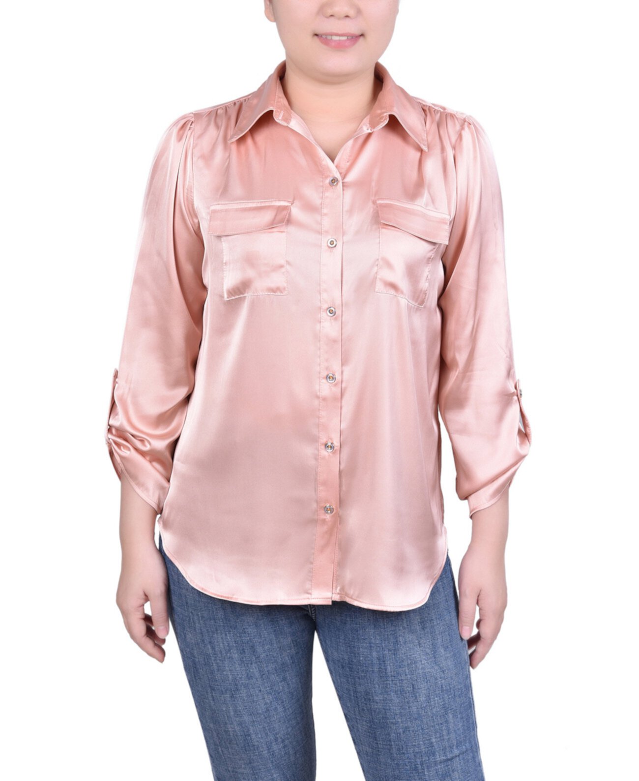 Атласная блузка Petite с длинными рукавами и вкладками NY Collection