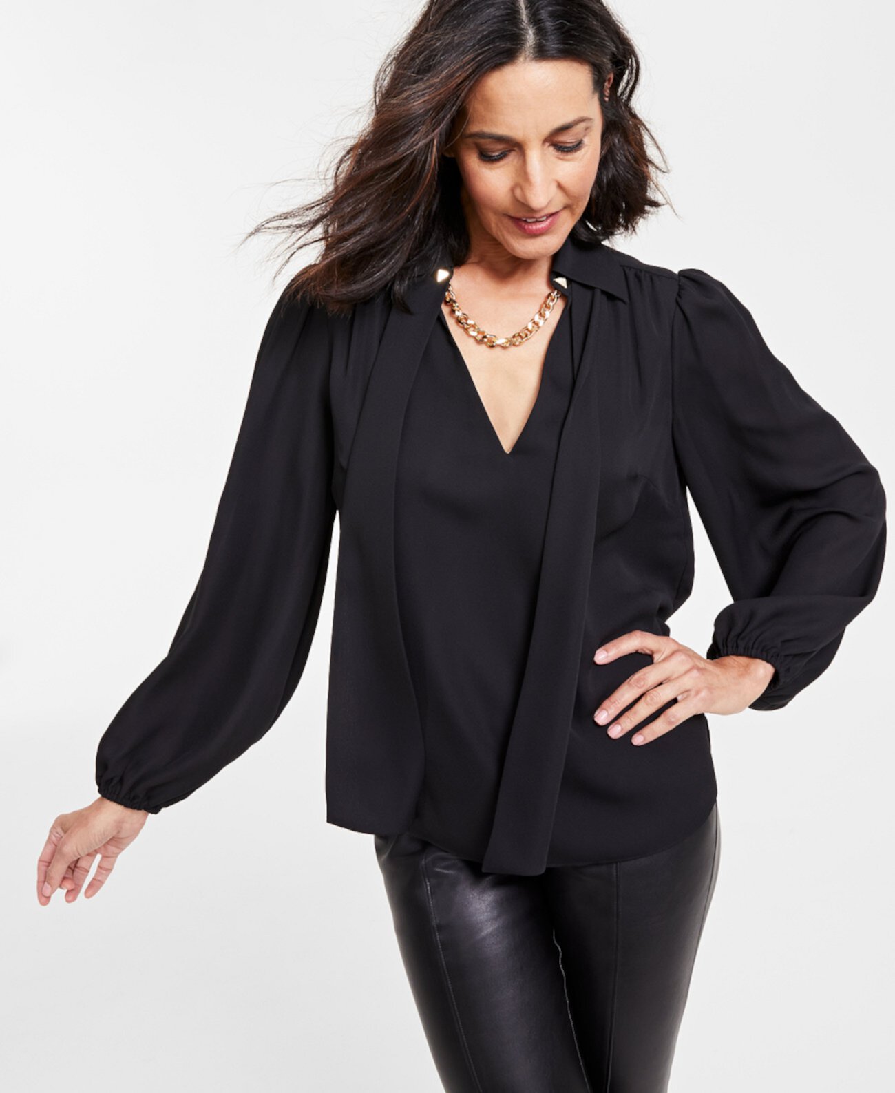 Женская блузка с длинными рукавами и цепочкой на воротнике, созданная для Macy's I.N.C. International Concepts
