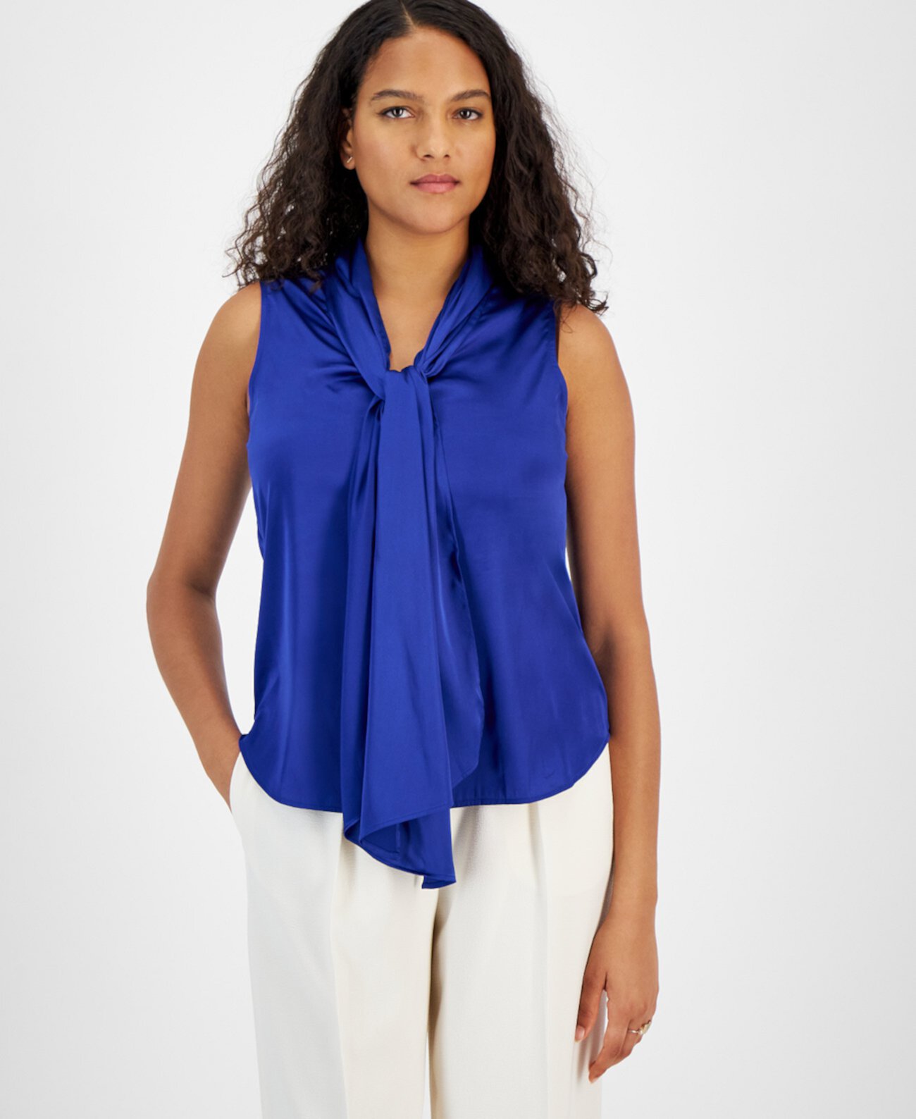 Women's Tie-Neck Sleeveless Satin Blouse, Created for Macy's Bar III