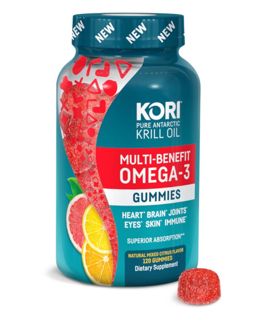 Жевательные конфеты Multi Benefit с омега-3, натуральные смешанные цитрусовые, 120 жевательных конфет Kori