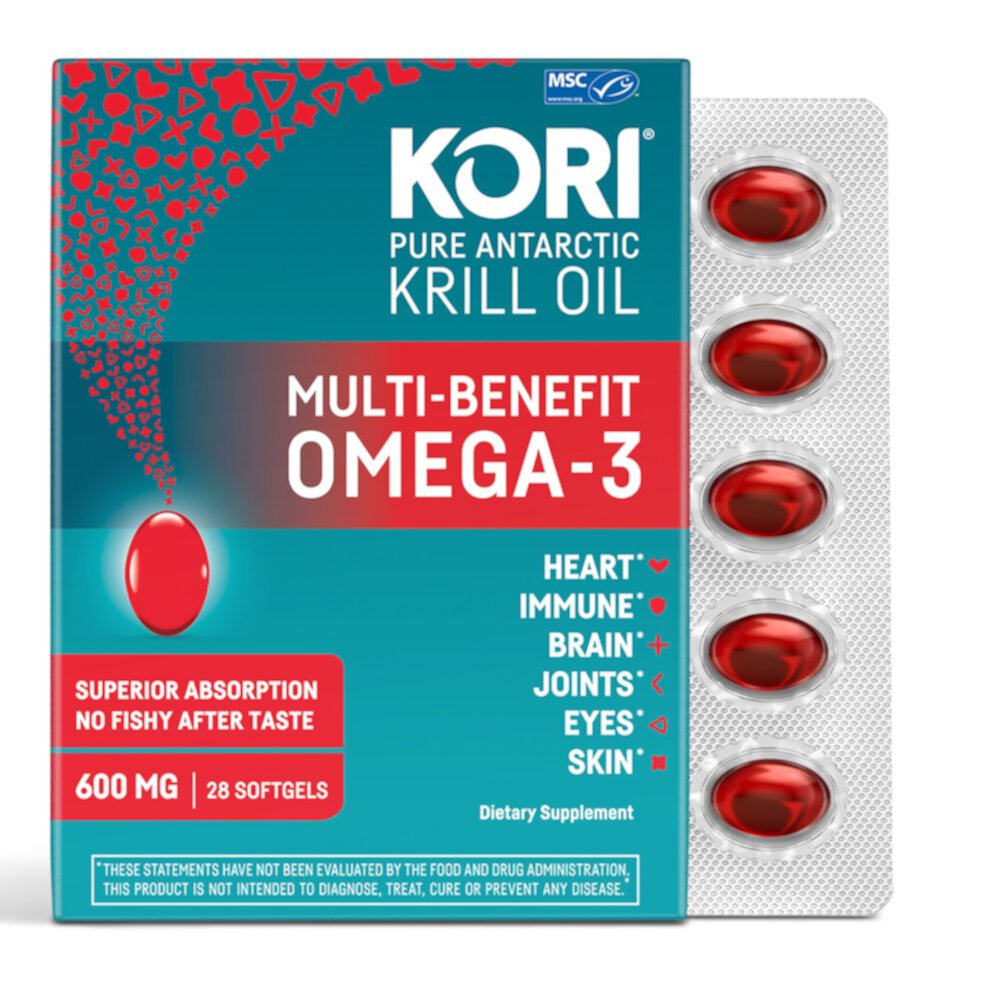Масло криля с многофункциональными преимуществами Омега-3 — 600 мг — 28 мягких таблеток Kori