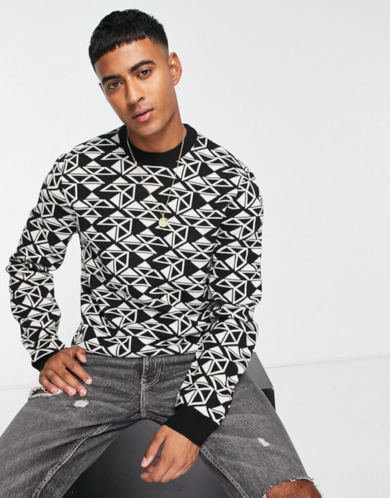 Черный свободный свитер с круглым вырезом геометрической вязки New Look New Look