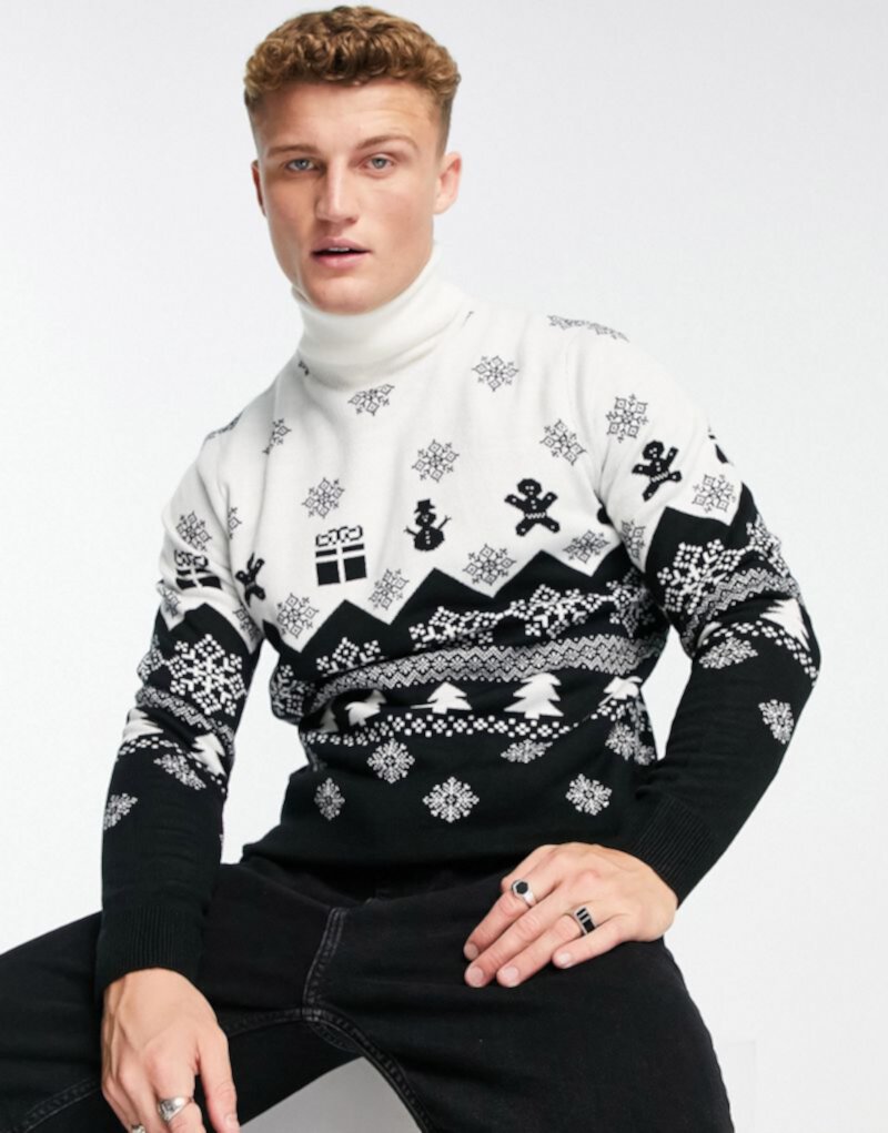 Рождественский свитер черного и экрю с высоким воротником потертого цвета Threadbare