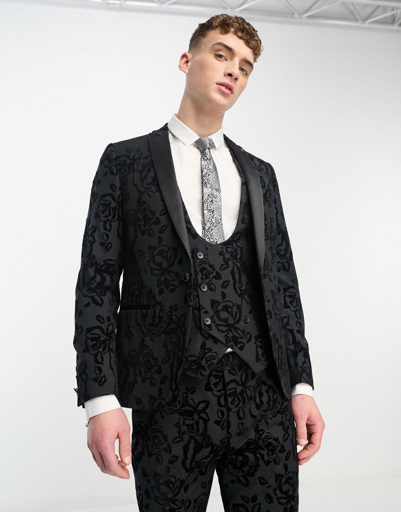 Черный пиджак скинни с цветочным принтом Twisted Tailor Reyes Twisted Tailor