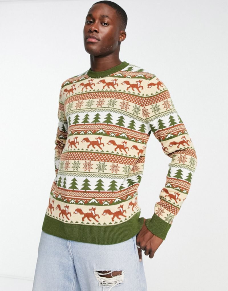 Рождественский свитер светло-бежевого цвета с потертым круглым вырезом из лисы Threadbare