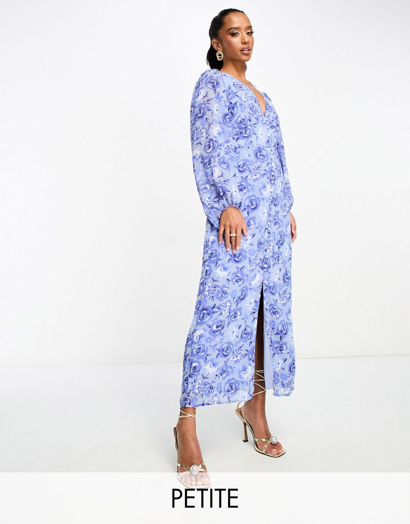Синее платье макси с v-образным вырезом и пуговицами Vila Petite с цветочным принтом Vila Petite
