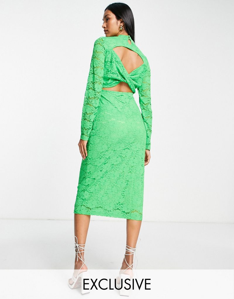 Эксклюзивное ярко-зеленое кружевное платье миди Vila с вырезом на спине Vila