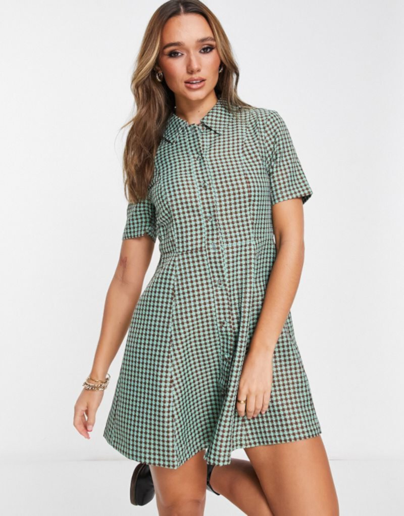 Жаккардовое мини-платье-рубашка Vila в зелено-коричневую клетку Vila