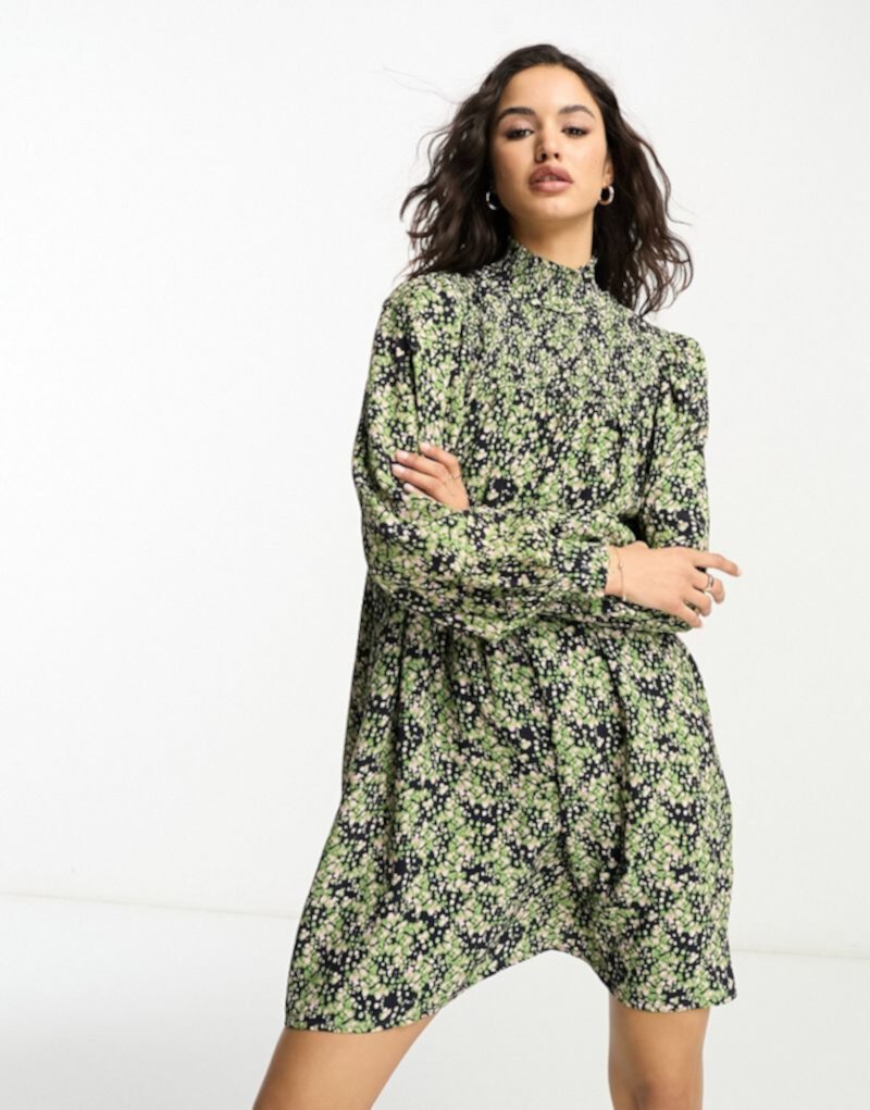 Whistles shirred smock dress in green and pink smudge Whistles