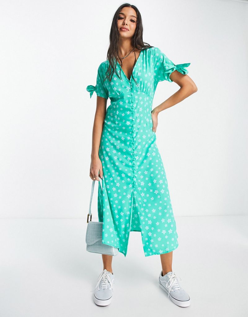 Зеленое чайное платье миди с v-образным вырезом Wednesday's Girl с цветочным принтом Wednesday's Girl