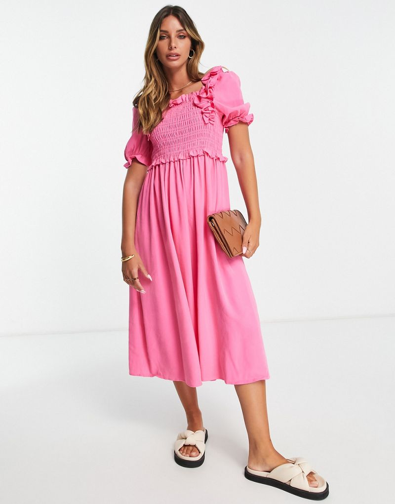 Ярко-розовое платье миди с присборенными деталями Y.A.S Y.A.S