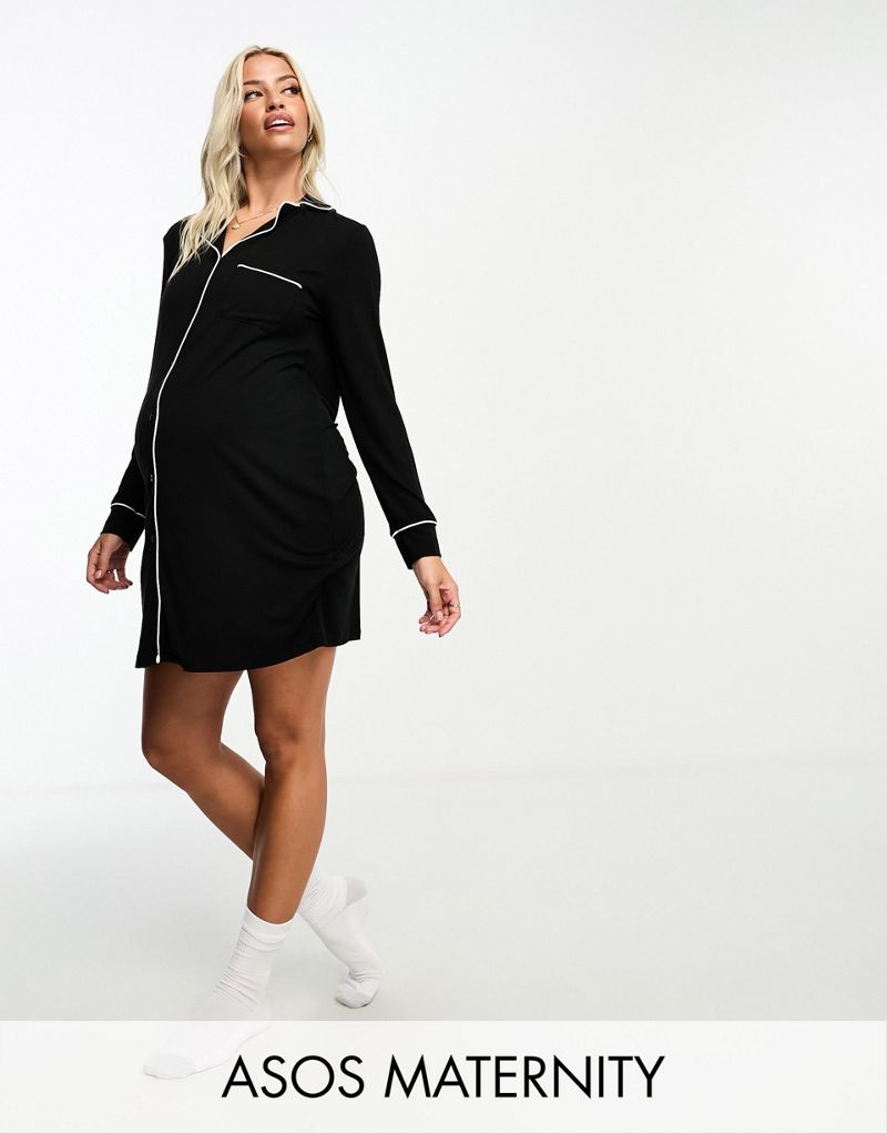 Черная вискозная рубашка для сна с контрастной окантовкой ASOS DESIGN Maternity ASOS Maternity