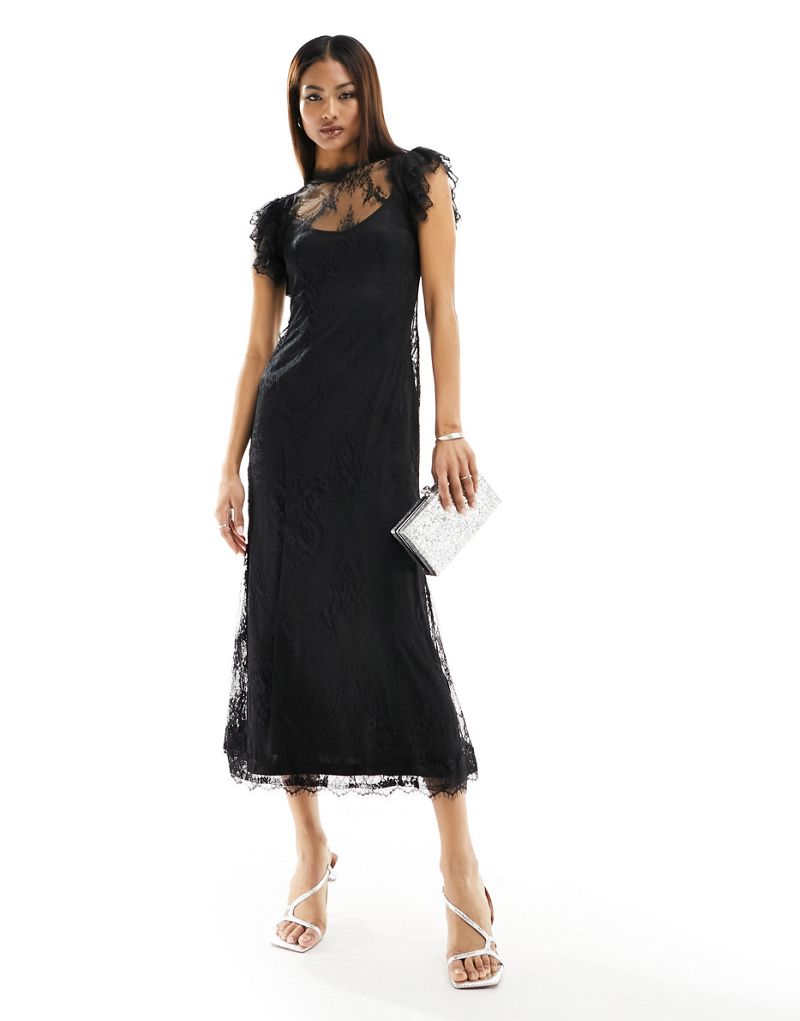 Черное прозрачное кружевное платье миди с развевающимися рукавами Never Fully Dressed NEVER FULLY DRESSED