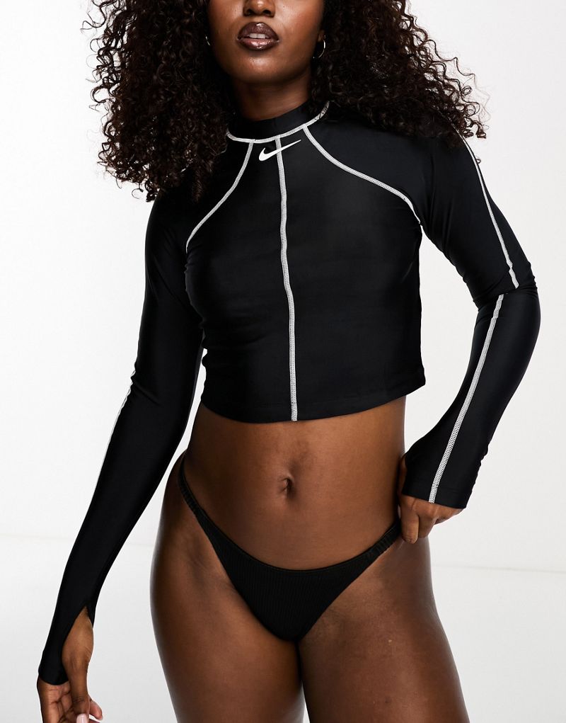 Черный укороченный купальник бикини с длинными рукавами Nike Swim Hydroguard Nike