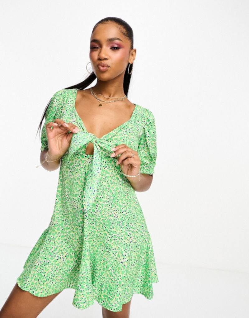 Зеленое мини-платье с завязками спереди и цветочным принтом Pieces Pieces