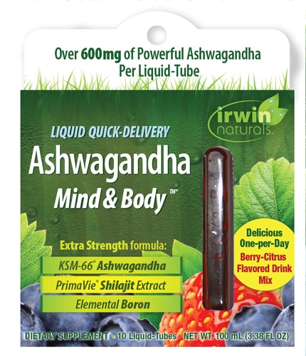 Жидкость быстрой доставки Ashwagandha Mind & Body, ягодно-цитрусовая, 10 тюбиков с жидкостью Irwin Naturals