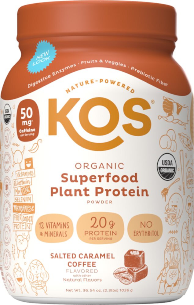 Органический растительный протеиновый порошок из суперпродуктов — 28 порций Кофе с соленой карамелью — 36,54 унции KOS