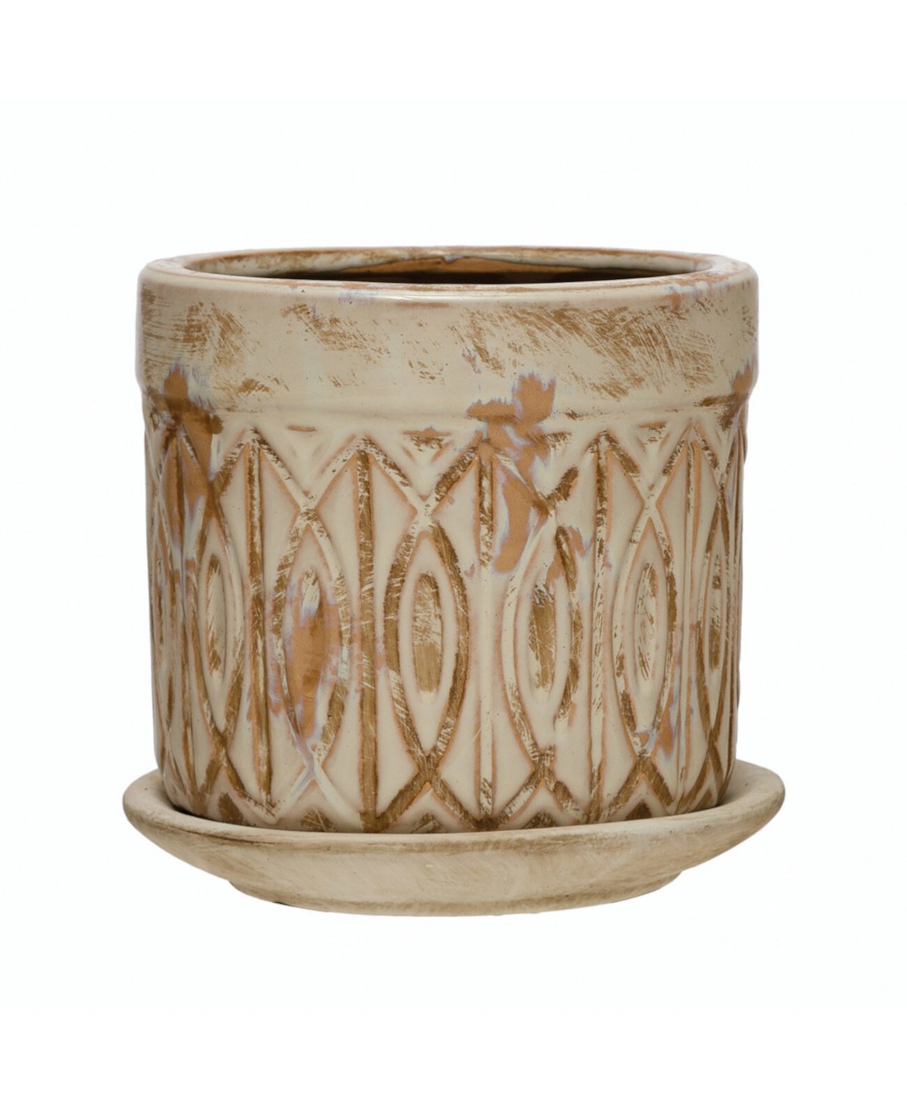 Debussed Terra-Cotta Planter with Pattern and Saucer Storied Home